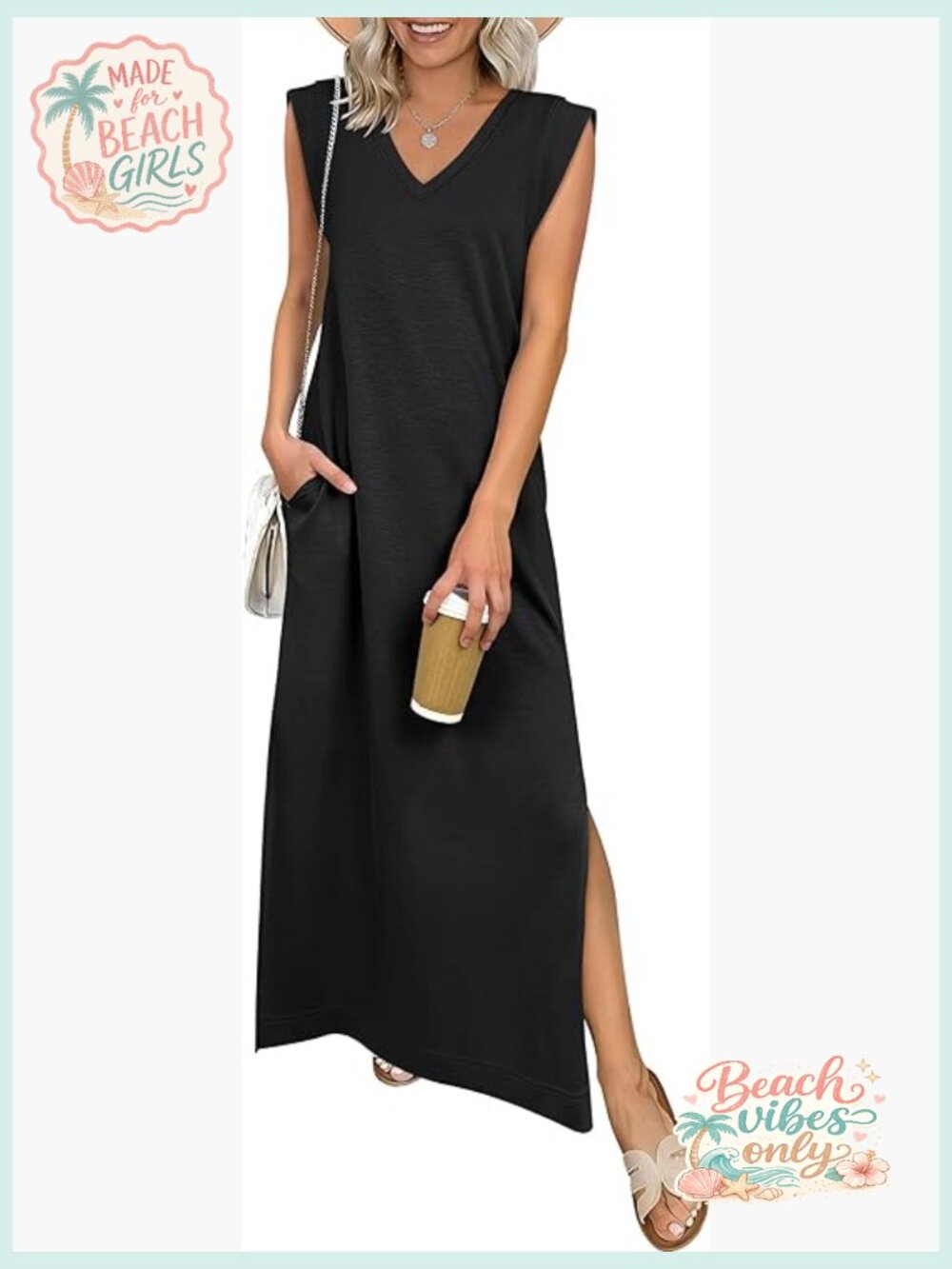 Sleeveless V Neck Split Maxi Dress Wrinkle-Free Summer Sundress